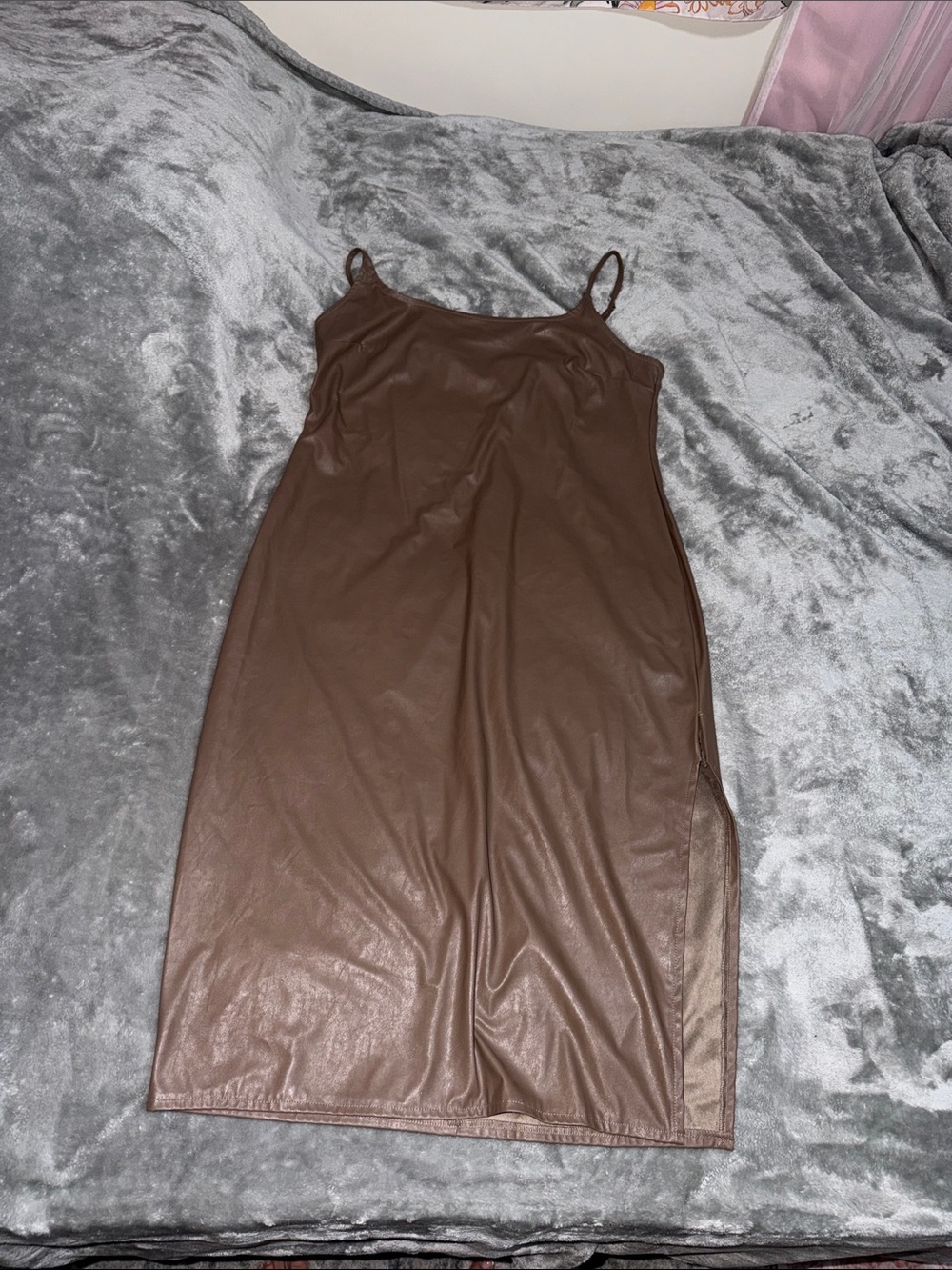 wild fable Brown Faux Leather Slip Dress with Side Slit